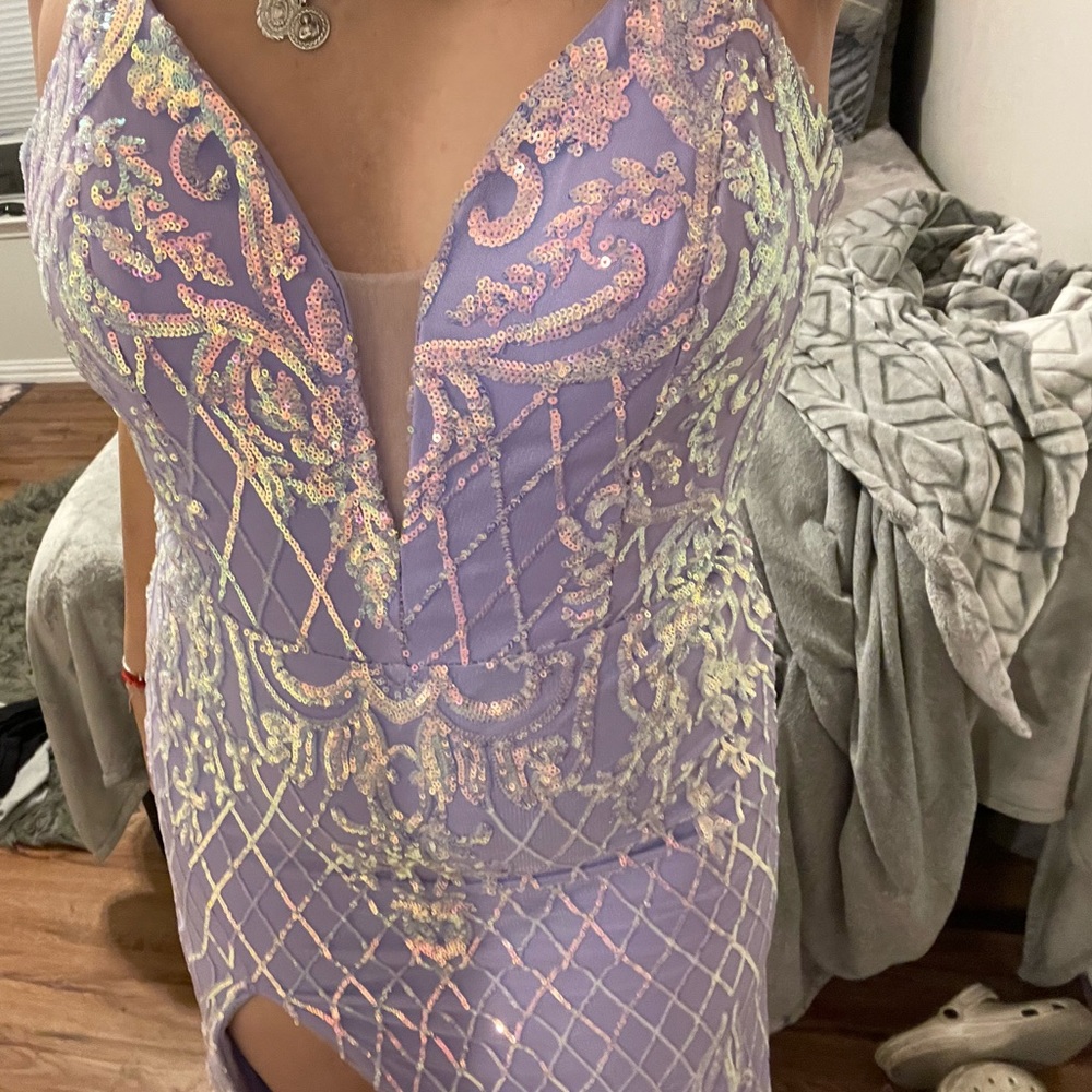 formal purple mermaid style sequin dress cross back low v small train dress - Picture 6 of 10
